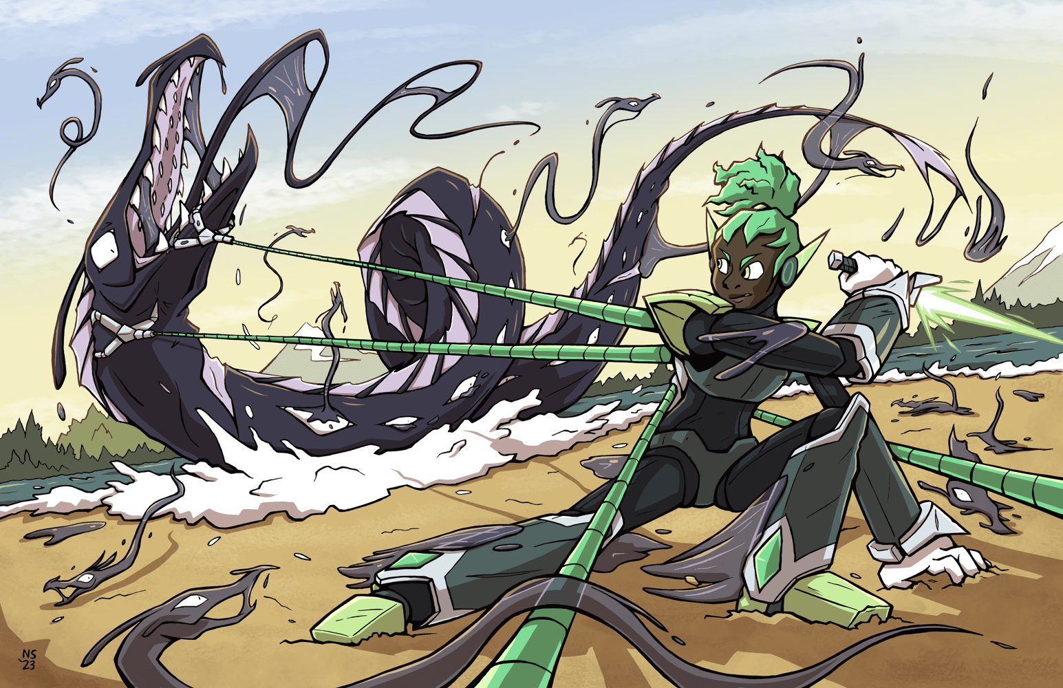 Widow fighting a hagfish-like serpent on a lake beach. She's holding it back with the cables on her back and is readying a knife to deliver the final blow'