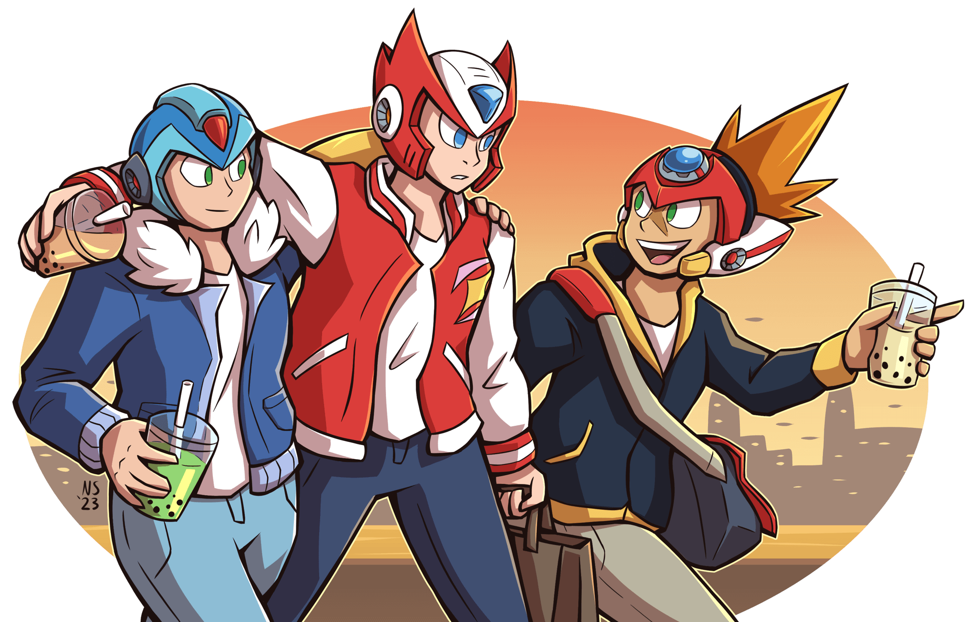 x, zero, and axl from megaman x in casual clothes hanging out in the city