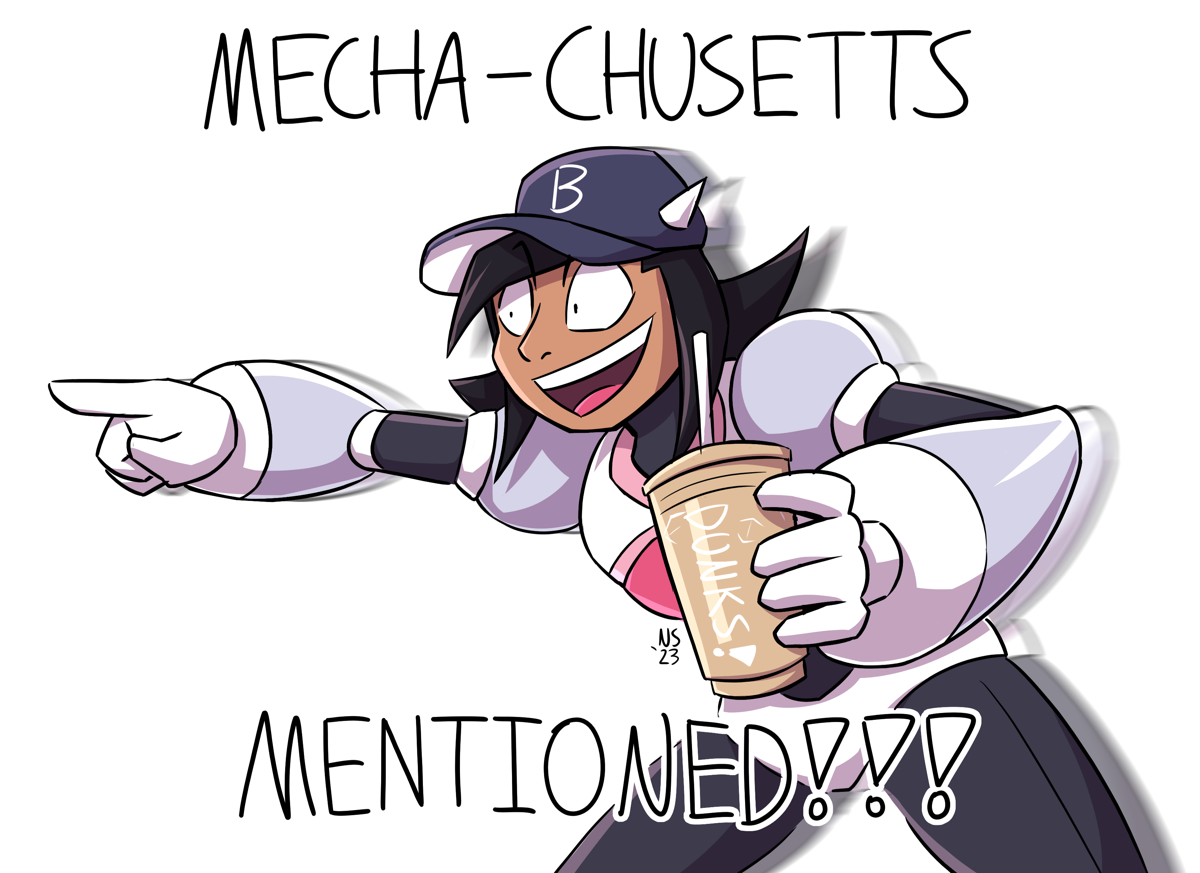 Reploid Io with a mock-dunkin donuts and mock-red sox cap captioned mecha-chussetts mentioned
