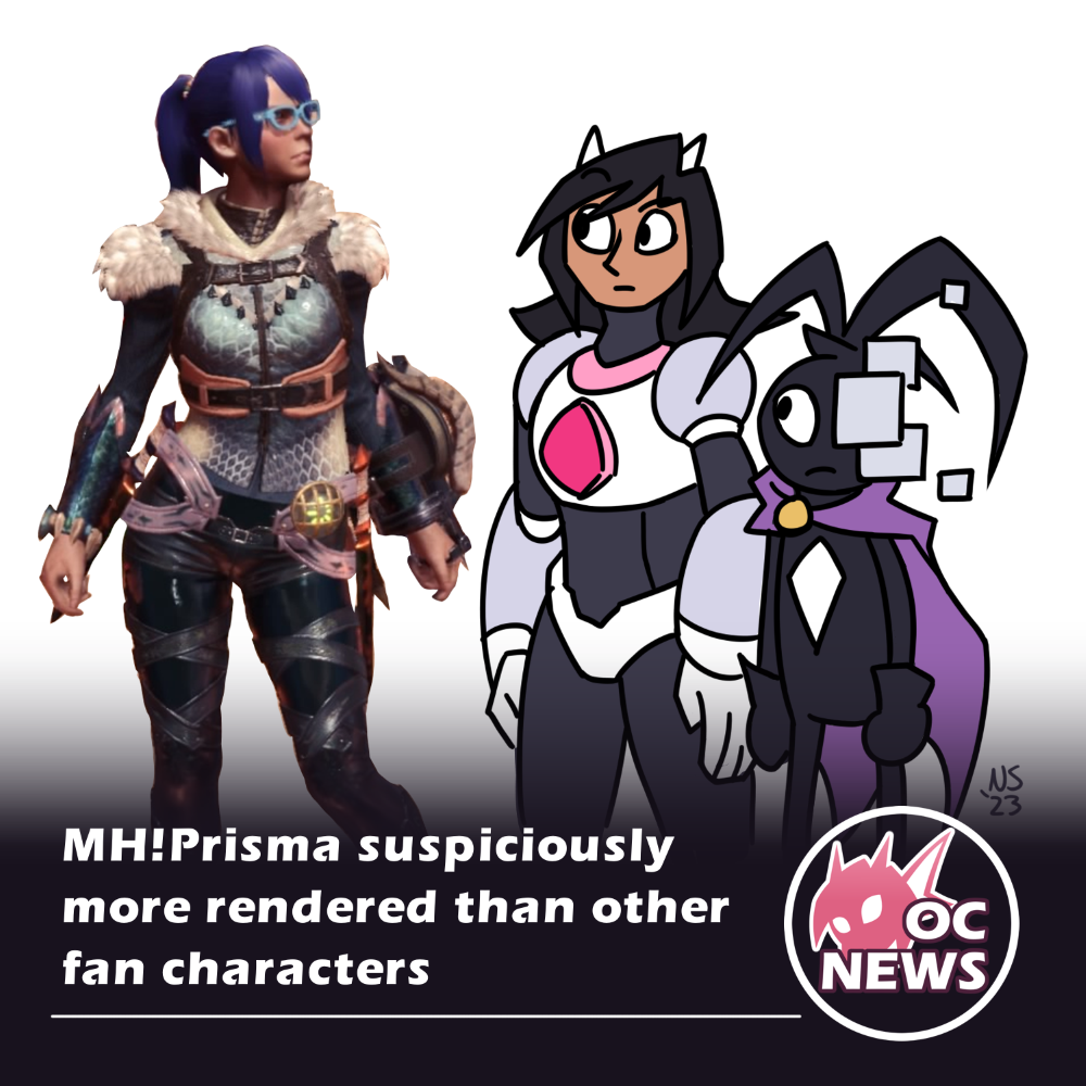 Screenshot of monster hunter Prisma next to two cartoony ocs