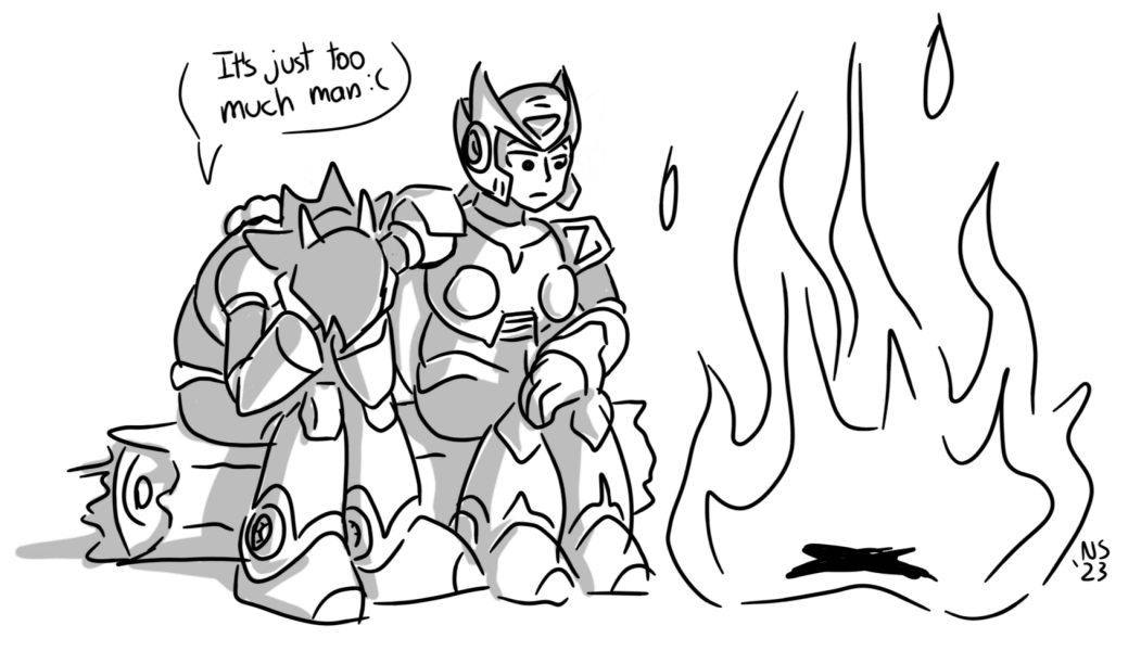 Reploid Io and Zero from Megaman X sitting on a log by a fire. Io is hunched over with their hands covering their face saying 'it's just too much man' while Zero has a hand on their shoulder