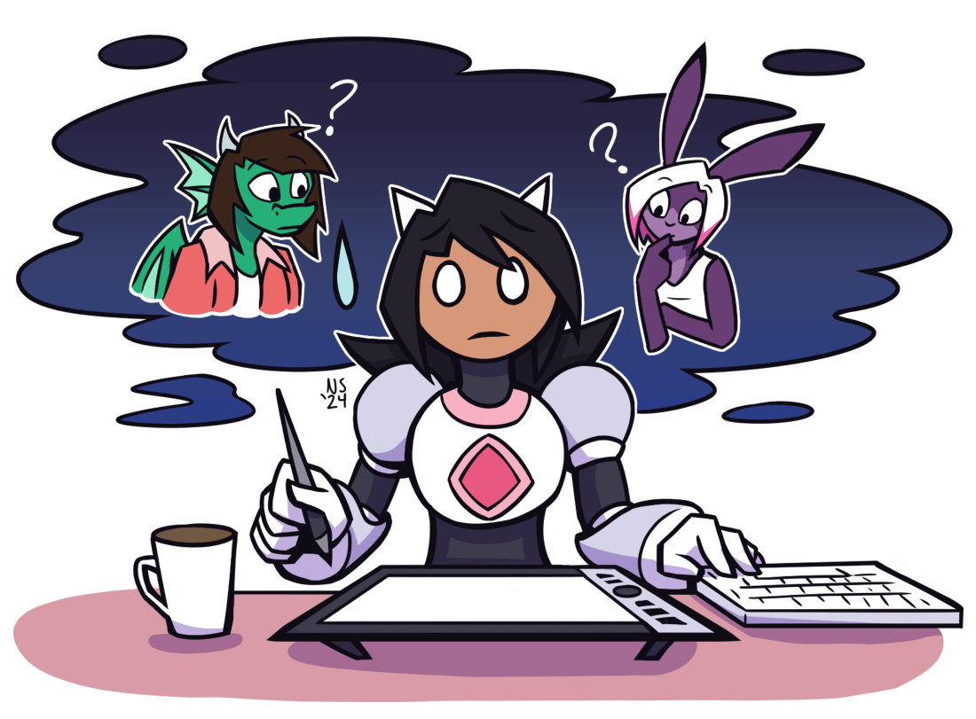 Io anxious at their desk while drawing with a looming dark cloud behind them. Jade and Iri are in the cloud wondering if they're ok.