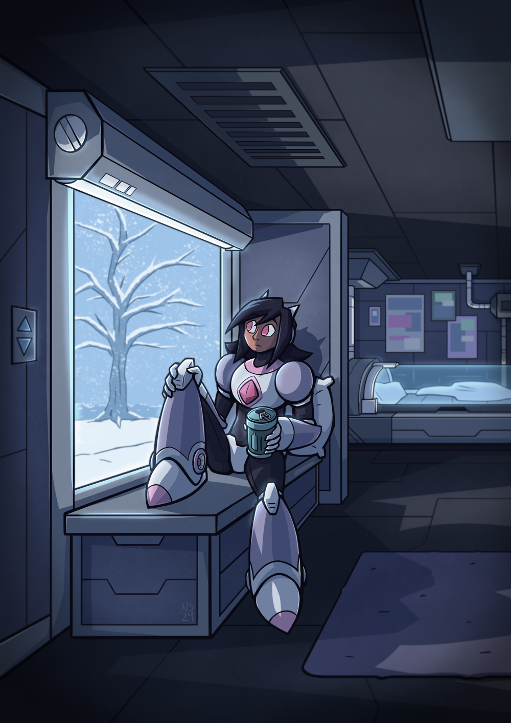 Io in their apartment watching the snowfall outside the window.