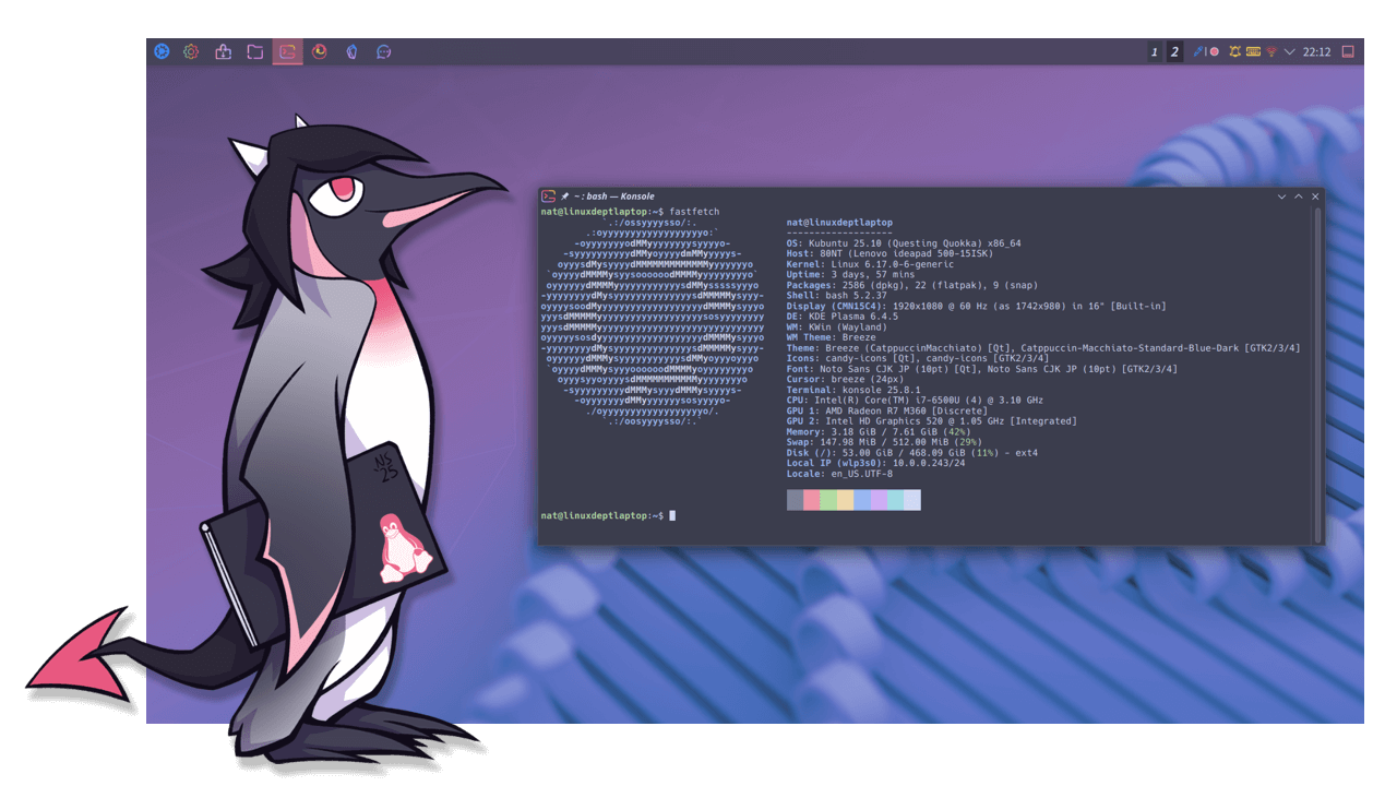 Io as a king penguin with devil motifs holding a laptop with a pink tux sticker on it. They're standing next to a kubuntu screenshot with fastfetch pulled up