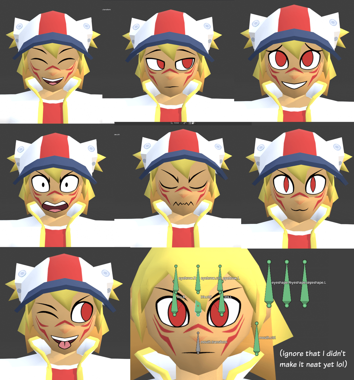 image compilation demo'ing Nix's face rig featuring; happy face, apathetic looking to the side, worried/embarrased, angry/shocked, frustrated, cat-like face, glancing to the side with his tounge sticking out, and a screenshot of the rig itself