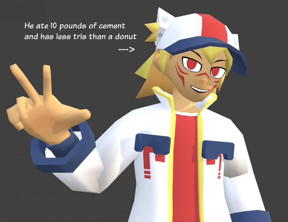 Screenshot of a 3d model of Nix in blender captioned 'He ate 10 pounds of cement and has less tris than a donut'