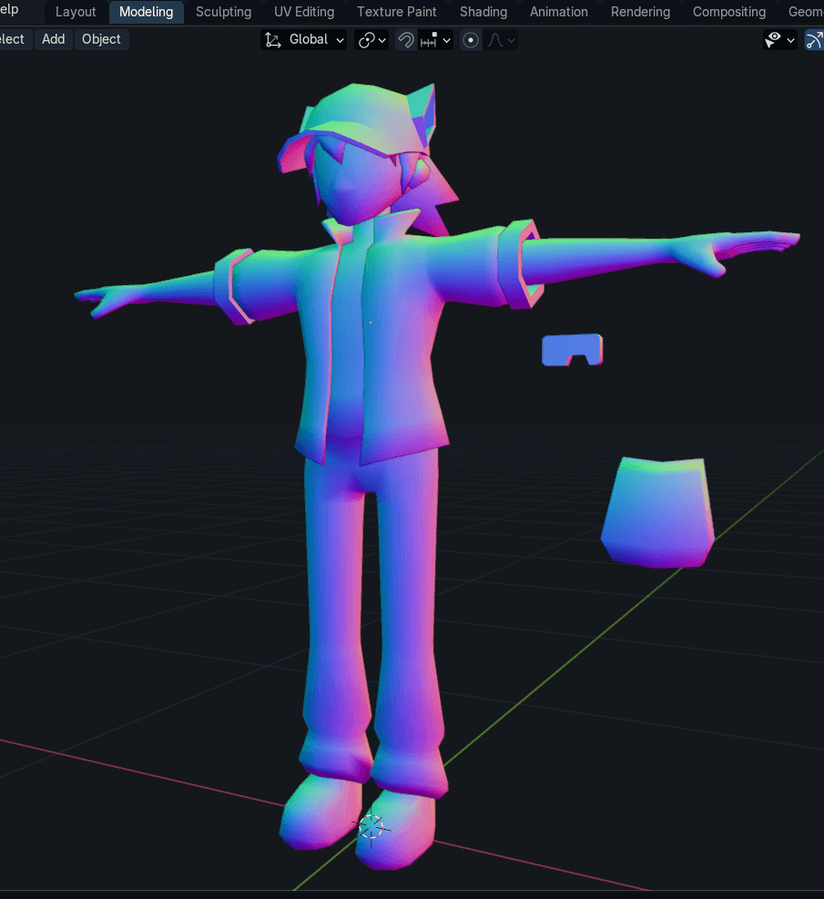 blender screenshot of an untextured model of nix with a rainbow matcap