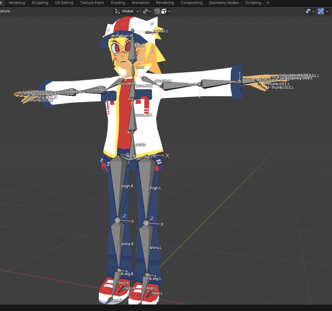 blender screenshot of a model of nix with a flat shader and an armature