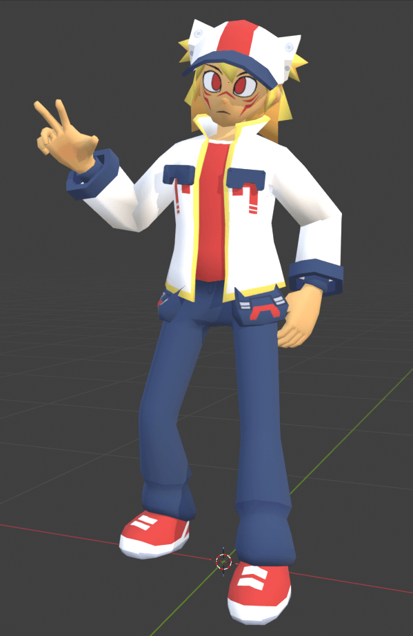 Test pose of Nix with one arm upwards in a loose grabbing pose and one on his hip