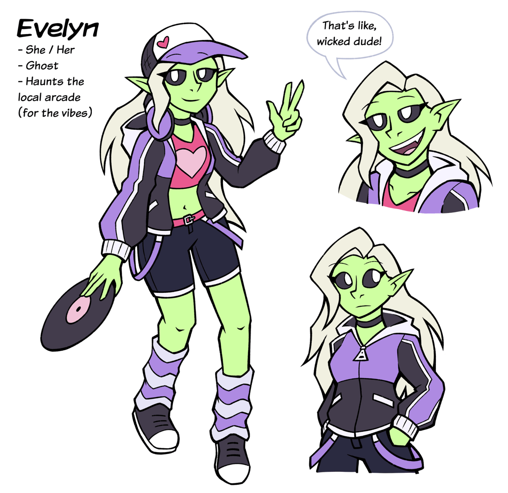 refrence sheet of a green and platinum blonde ghost with pointed ears & inverted color eyes. She's wearing a purple and black windbreaker, a meshback cap with a purple brim and pink heart, headphones around her neck, jeans with purple straps on her belt, purple stripped legwarmers, black sneakers, and a pink heart crop-top. She's holding a record and showing a peace sign. The other images show her smiling and saying 'that's wicked dude!' and her with her jacked closed and no hat or headphones.