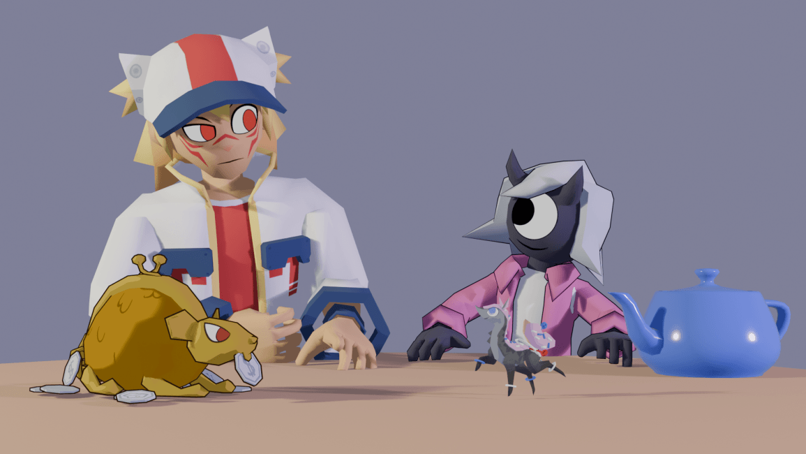 3d models of Nix, Risa, a rat coin purse, a creature with a donut on its tail, and a utah teapot. Nix and Risa are sitting at the table with Nix looking annoyed at Risa, and risa looking up. The rat coin purse is ignoring them, and the donut-tailed creature is happily prancing.