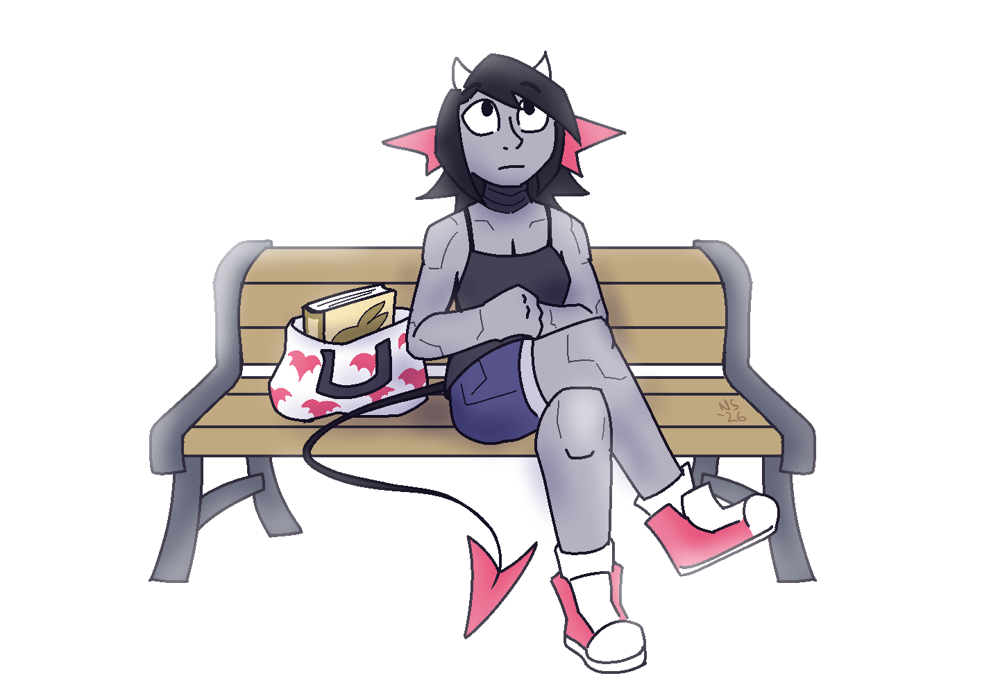 unarmored io sitting on a bench in a white void, looking up. They're sitting next to a tote with a large book in it
