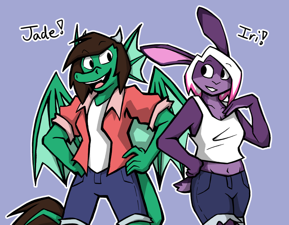 Jade the green dragon on the left in an enthusiastic pose, iri the purple hare on the right in a more shy but bubbly pose