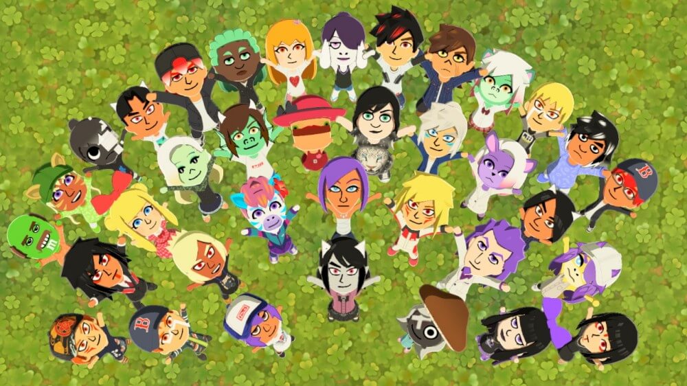 Tomodachi life screenshot of a group of Miis on a cloverfield, looking up and reaching towards the viewer