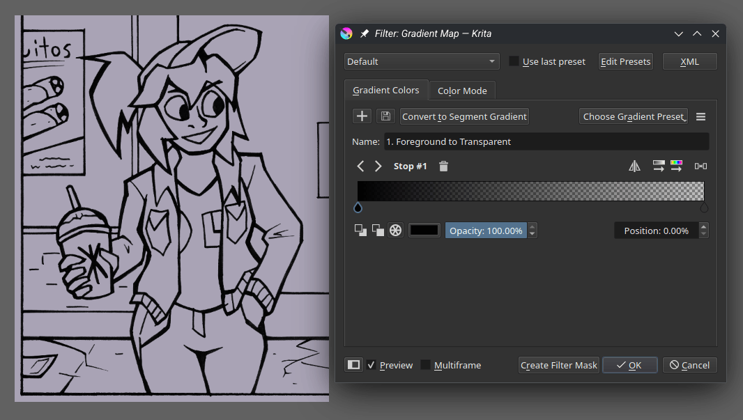 Krita screenshot showing scanned line art of a comic panel and the gradient map editor. The lineart is made transparent with a black to transparent map